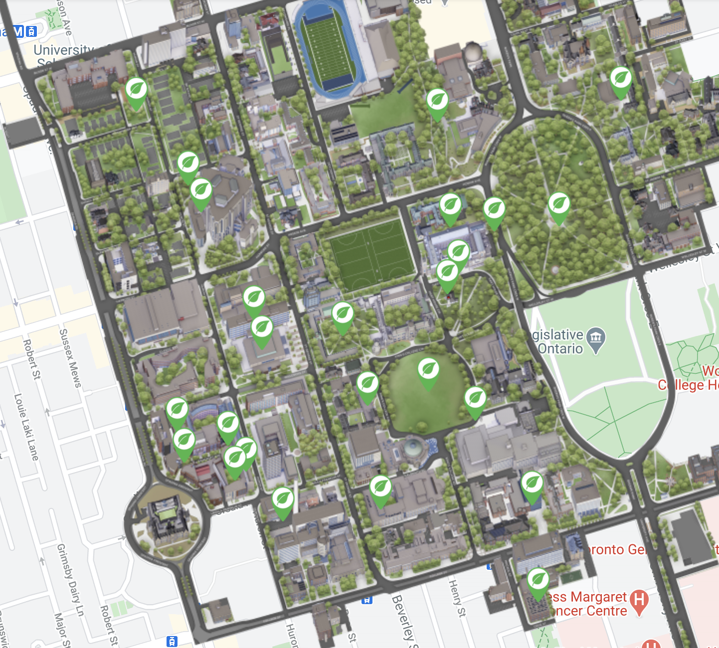 Screen shot of map with green spaces highlighted