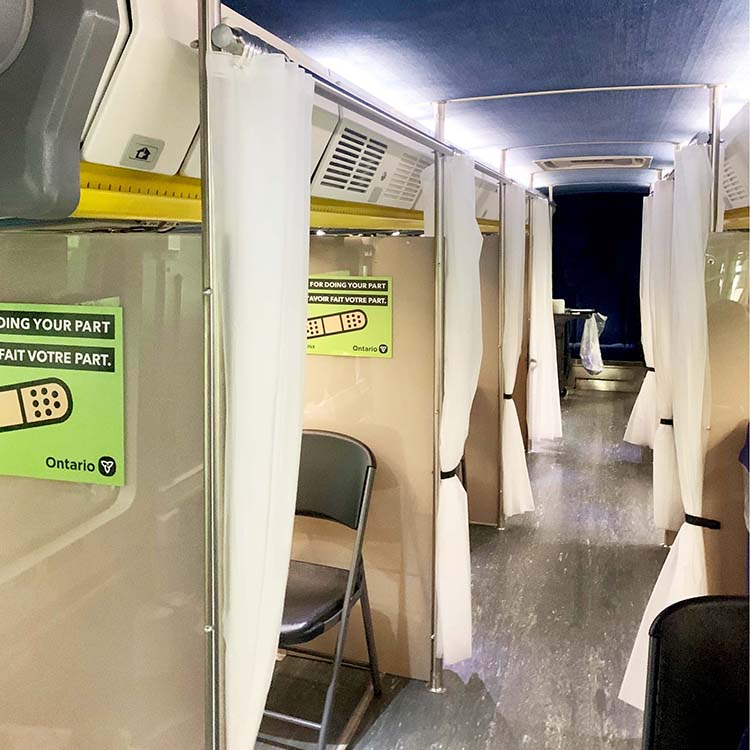 The inside of the GO-VAXX mobile pop-up clinic bus.