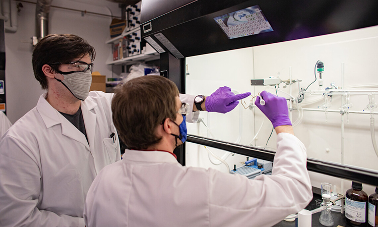 Undergraduate researcher Emre Alca and postdoctoral fellow Robert Pollice draw on the fume hood glass to discuss concepts.