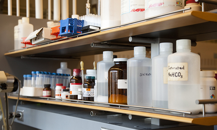 A close up of solvents and solutions in a chemistry lab.