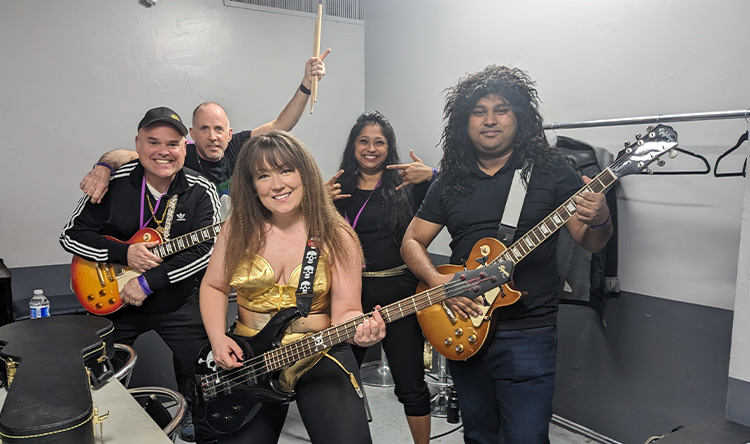 John Rand, Scott Hendershot, Kristina Toope, Kavitha Jayakrishnan, and Al Amin standing in the green room