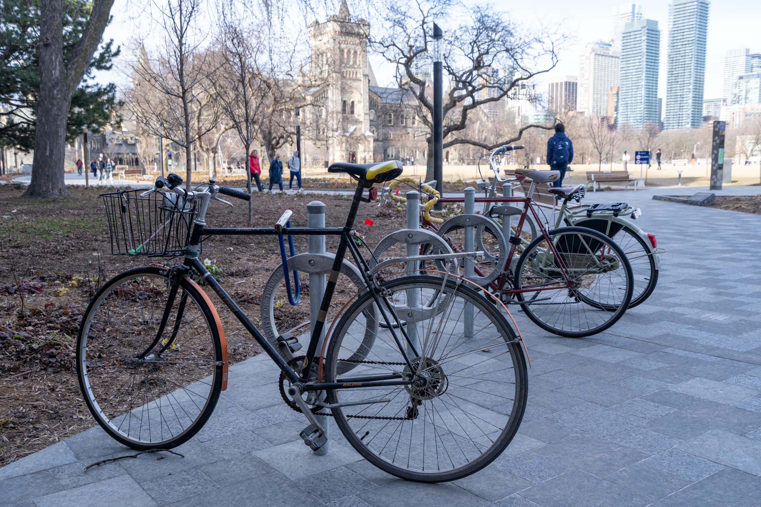 Bikes locked up on front campus.